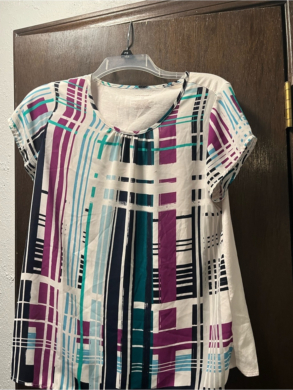 Women’s Short-Sleeve Geometric Print Top in White and Teal